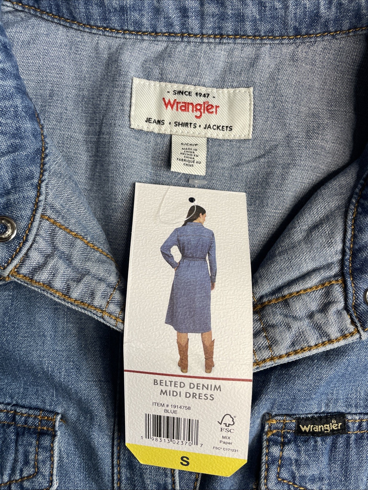 Wrangler Belted Denim Midi Dress Size-S Blues- Jean Dress- NWT- Two Side Pockets