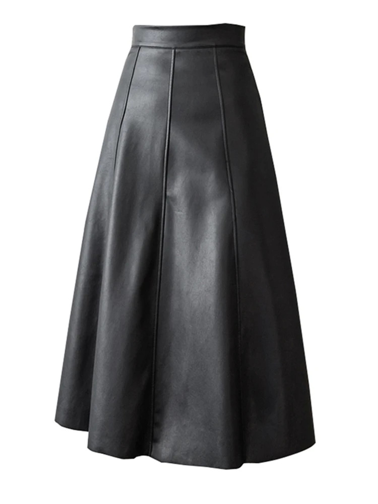 Seoulish black artificial polyurethane synthetic leather women’s A-shaped skirt
