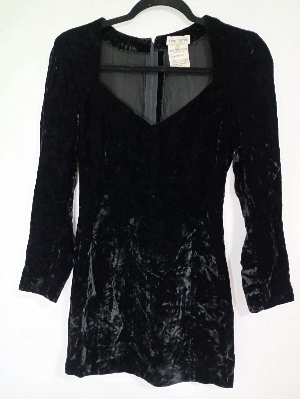 Cacharel Black Velvet Long Sleeve Mini Dress Size 36 Italy Viscose Acetate Linin