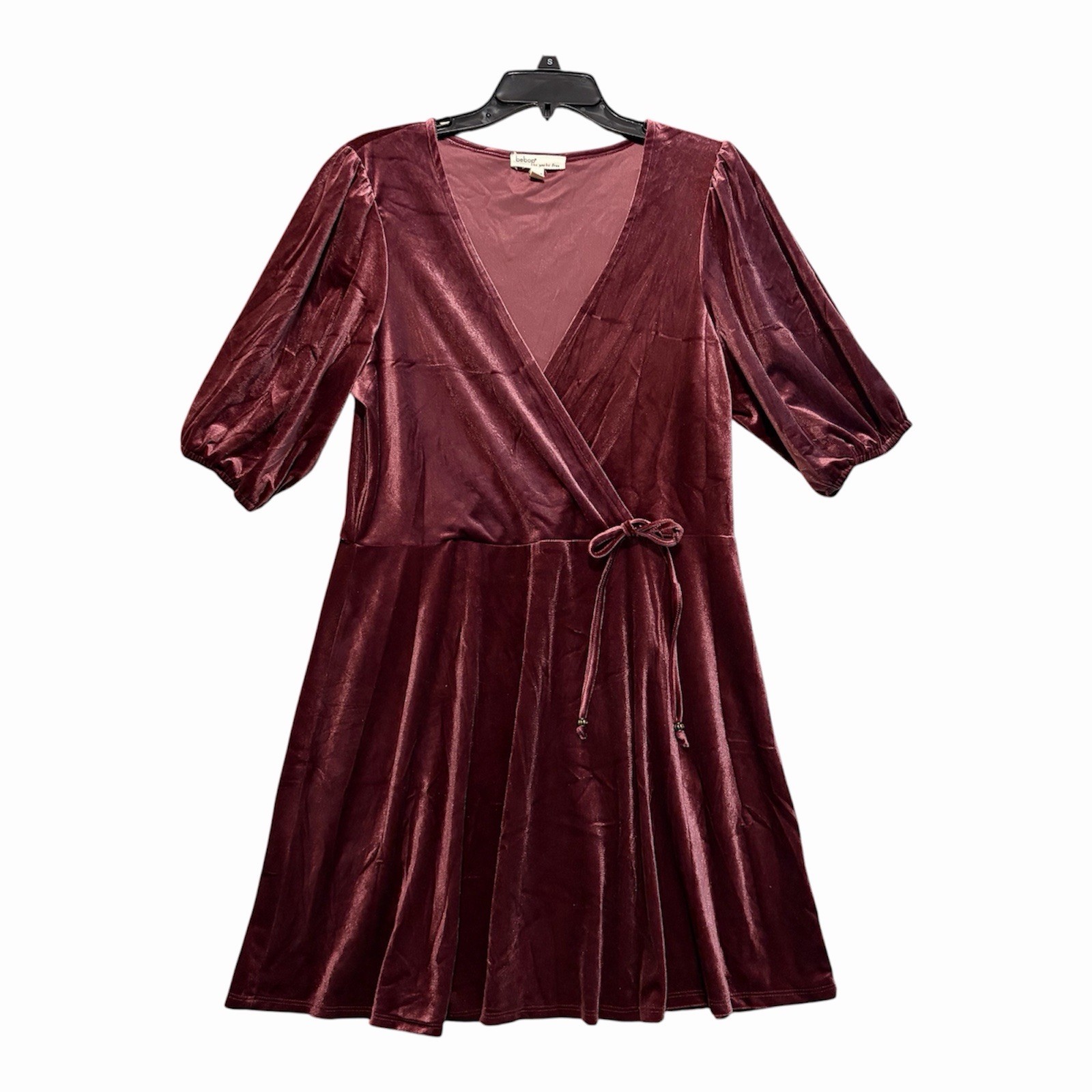 Bebop Womens XL Tunic Dress Burgundy Stretch Elbow Sleeve Velour Surplice V-Neck