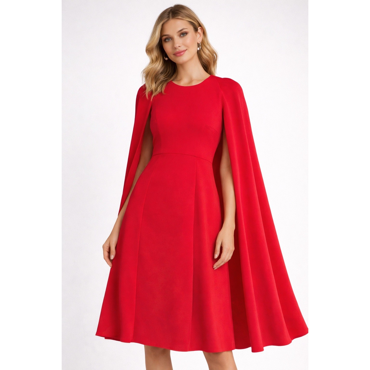 Edeline Lee Red Cape Dress Size 8 Midi Cocktail Formal UK Made Designer