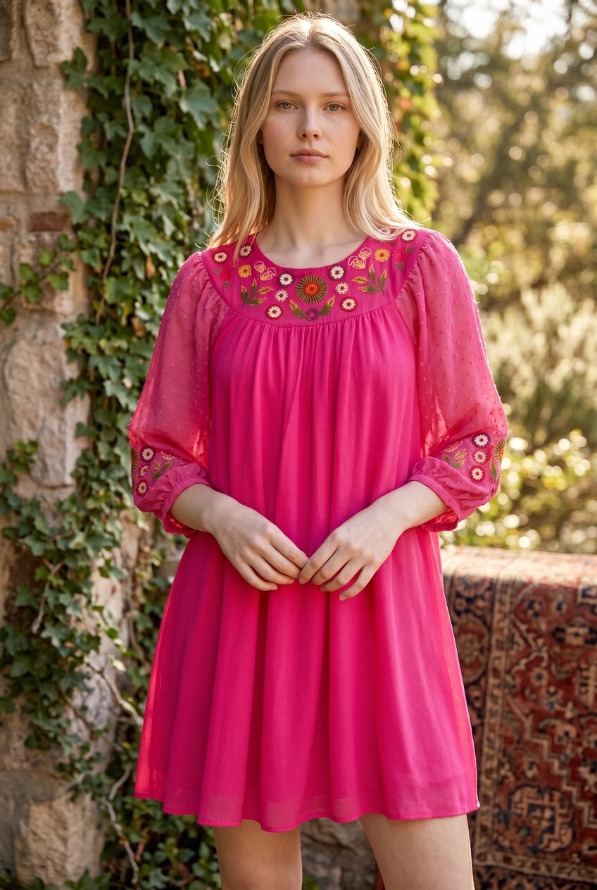 Umgee Pink Embroidered Babydoll Dress Small Boho Floral Puff Sleeve