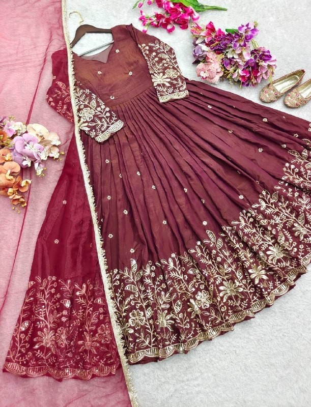 Presenting New Pure Vichitra Silk Maroon Gown With Dupatta For Ethnic Wear