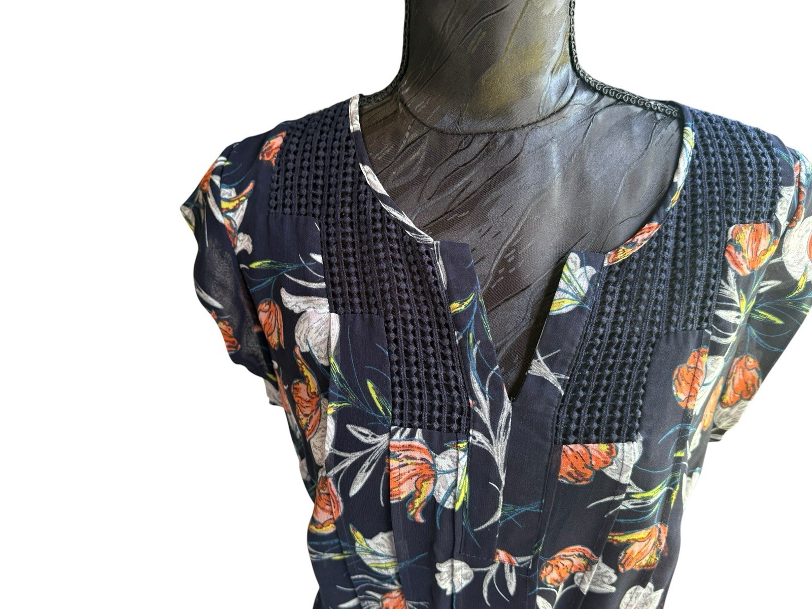 Daniel Rainn Womens Medium Floral Tunic Dress Navy Orange Crochet Trim