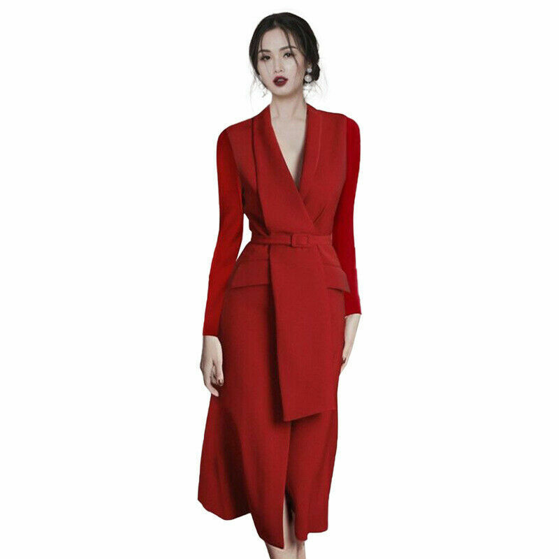 Women Long Sleeves Cocktail Ball Gown Formal Suit Lapel Collar Blazer Dress