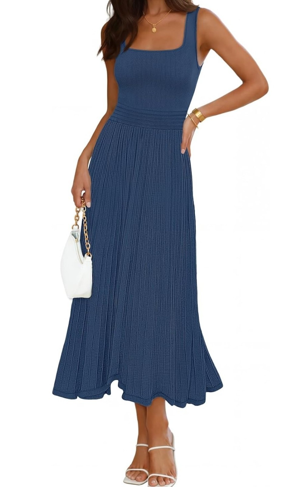 MEROKEETY Women’s Summer Midi Slate Blue 2026 Pleated A Line Dress Medium