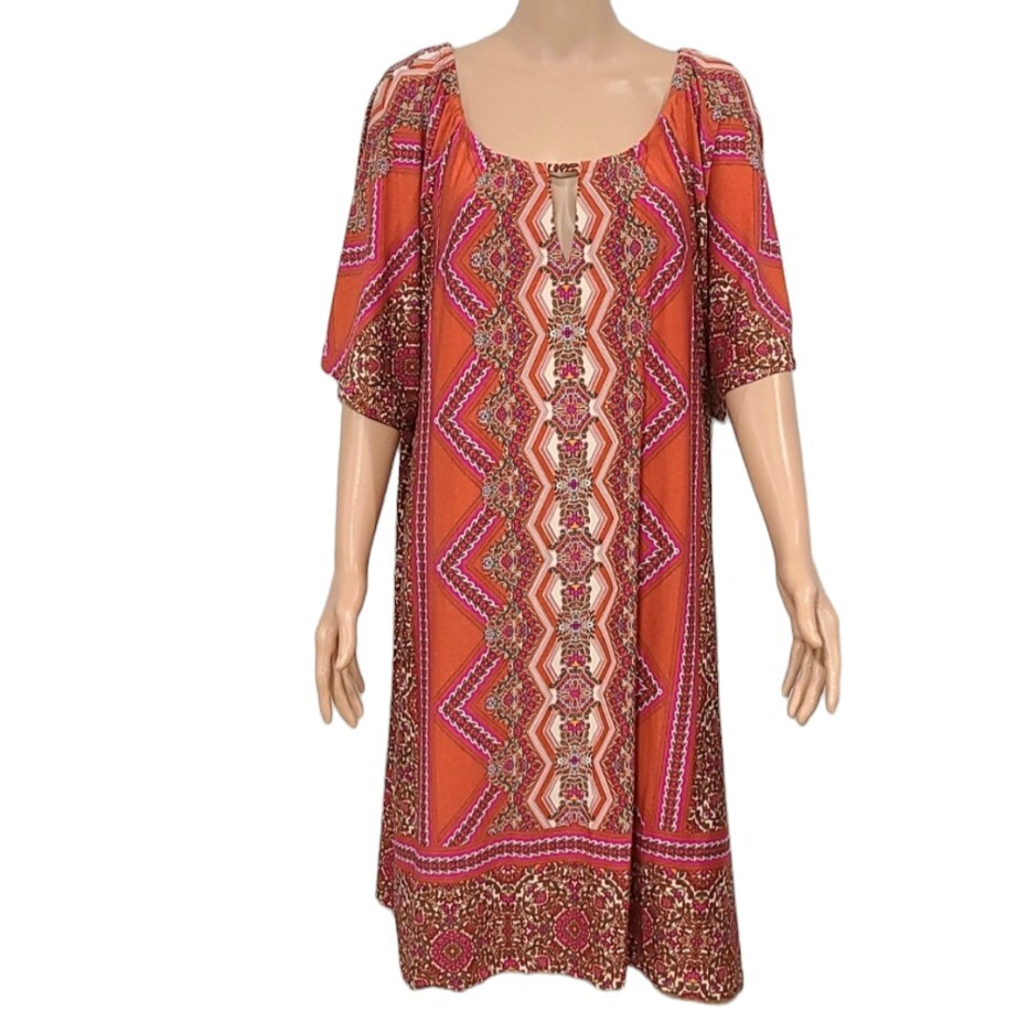 GRACE DRESSES Triangle Floral Print Dress Size 3X Orange Pink Geometric Shift