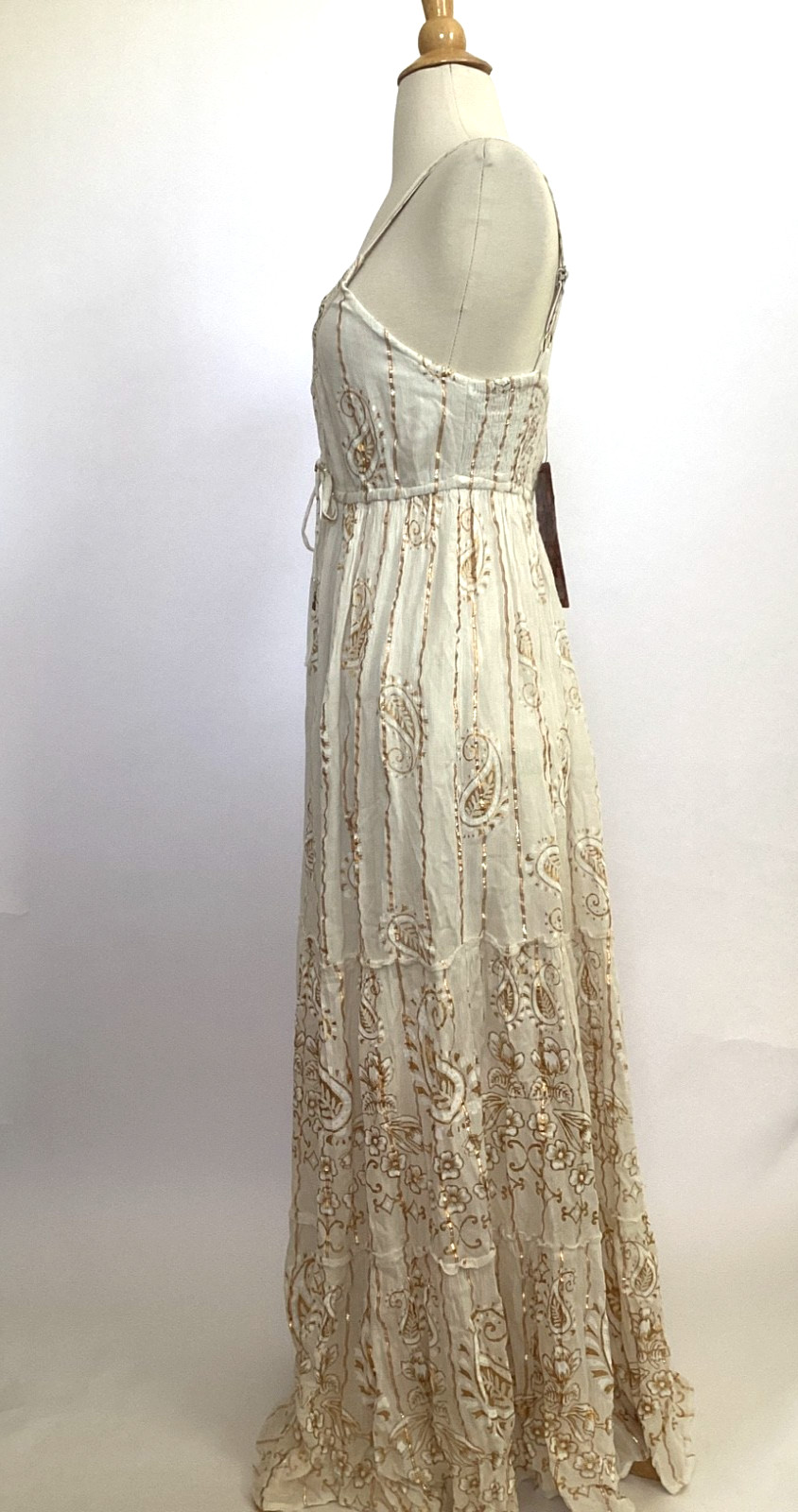 NWT Me 2 Magic Anthropologie Maxi Dress S Ivory Gold Lurex Smocked Embroidered