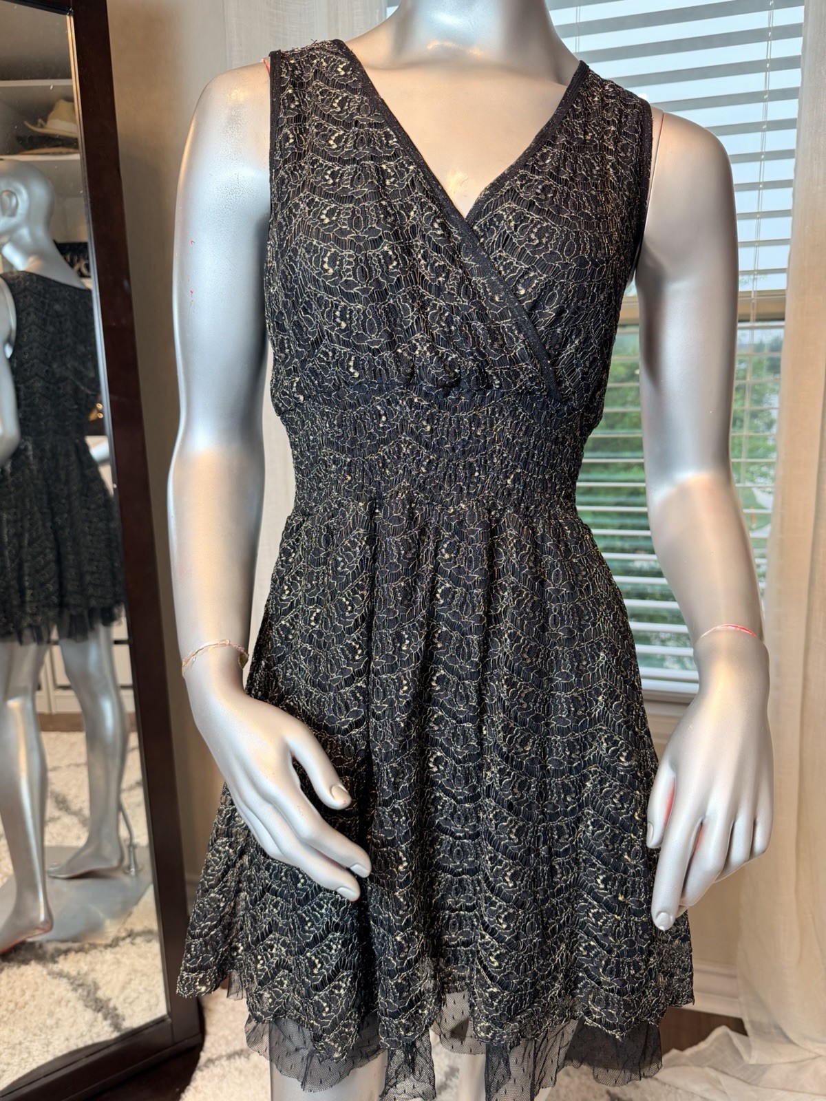 Ultra Pink Sleeveless Black and Gold Lace Fit and Flare Mini Dress Medium