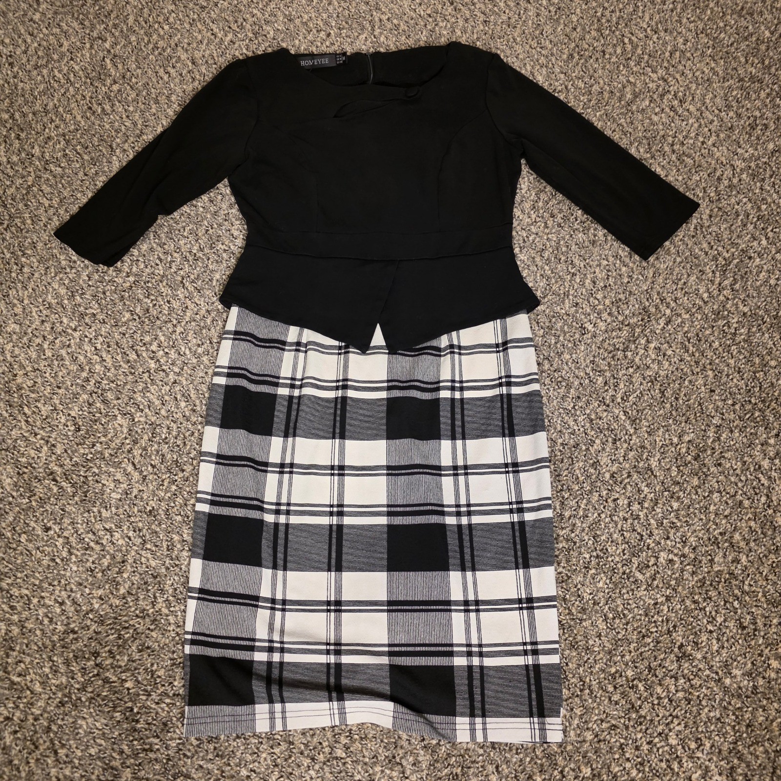 Homeyee Womens Black Peplum Plaid Sheath Dress 3/4 Sleeve Size 6 Medium