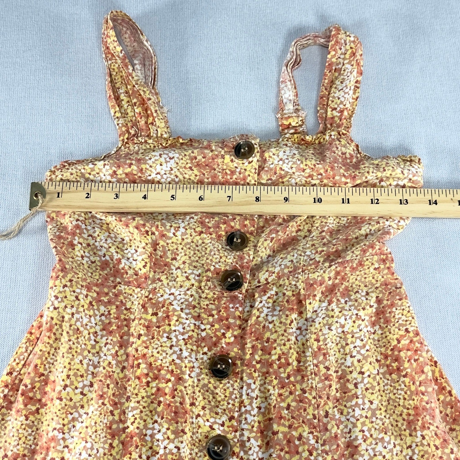 Yellow Orange Floral Button Down Midi Dress Smocked Back Sleeveless Square Neck