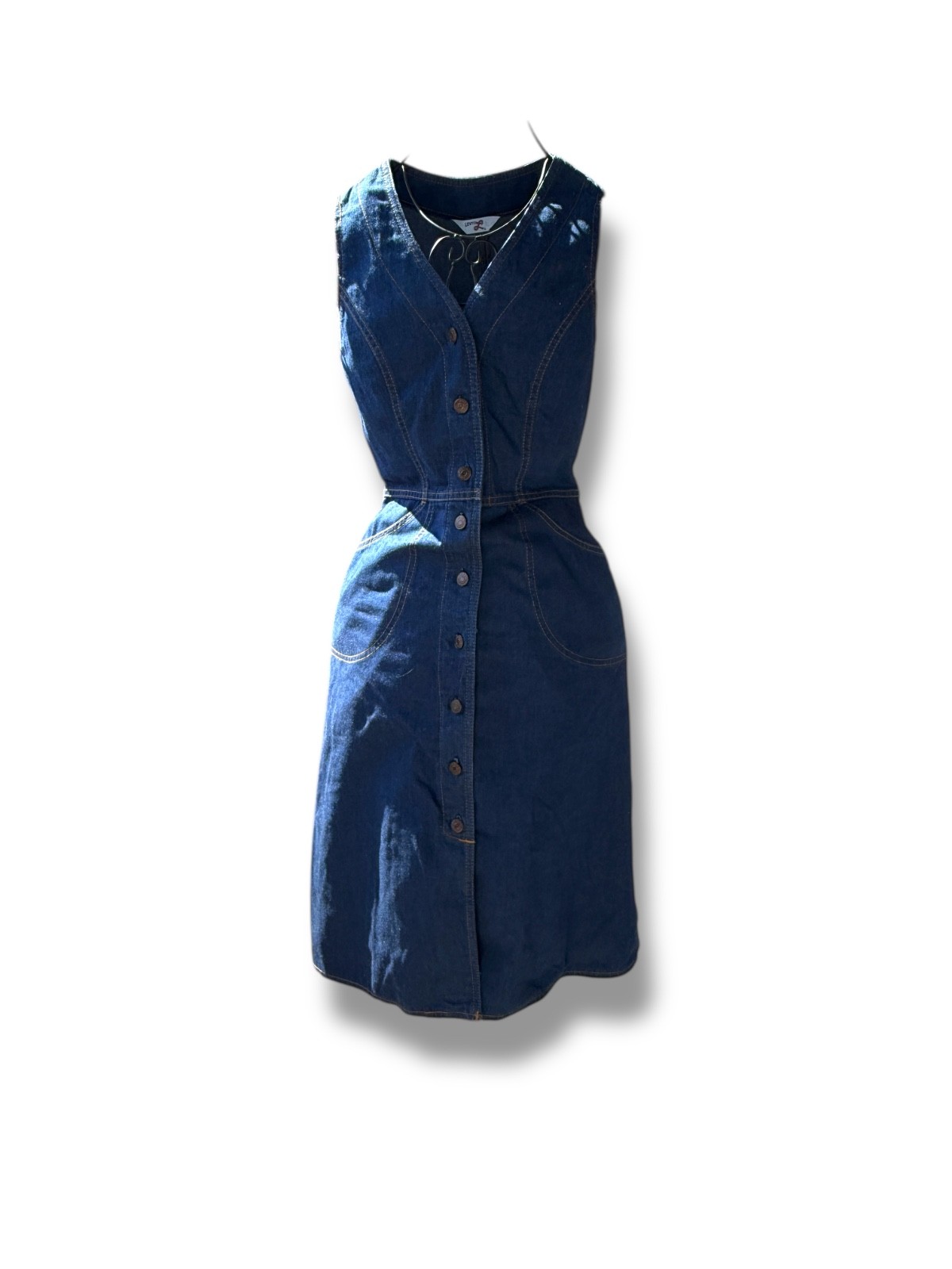 Vintage 70s Levis Denim Sundress Fitted Button Front Dress Brass Buckle In Back