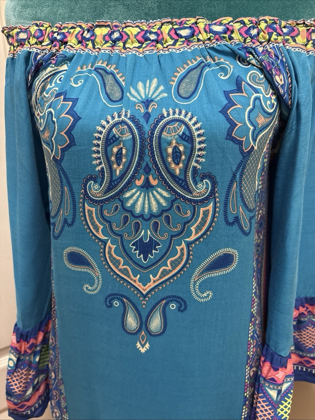 Flying Tomato Boho Off Shoulder Rayon Aqua Mini Dress Hippie Festival Medium