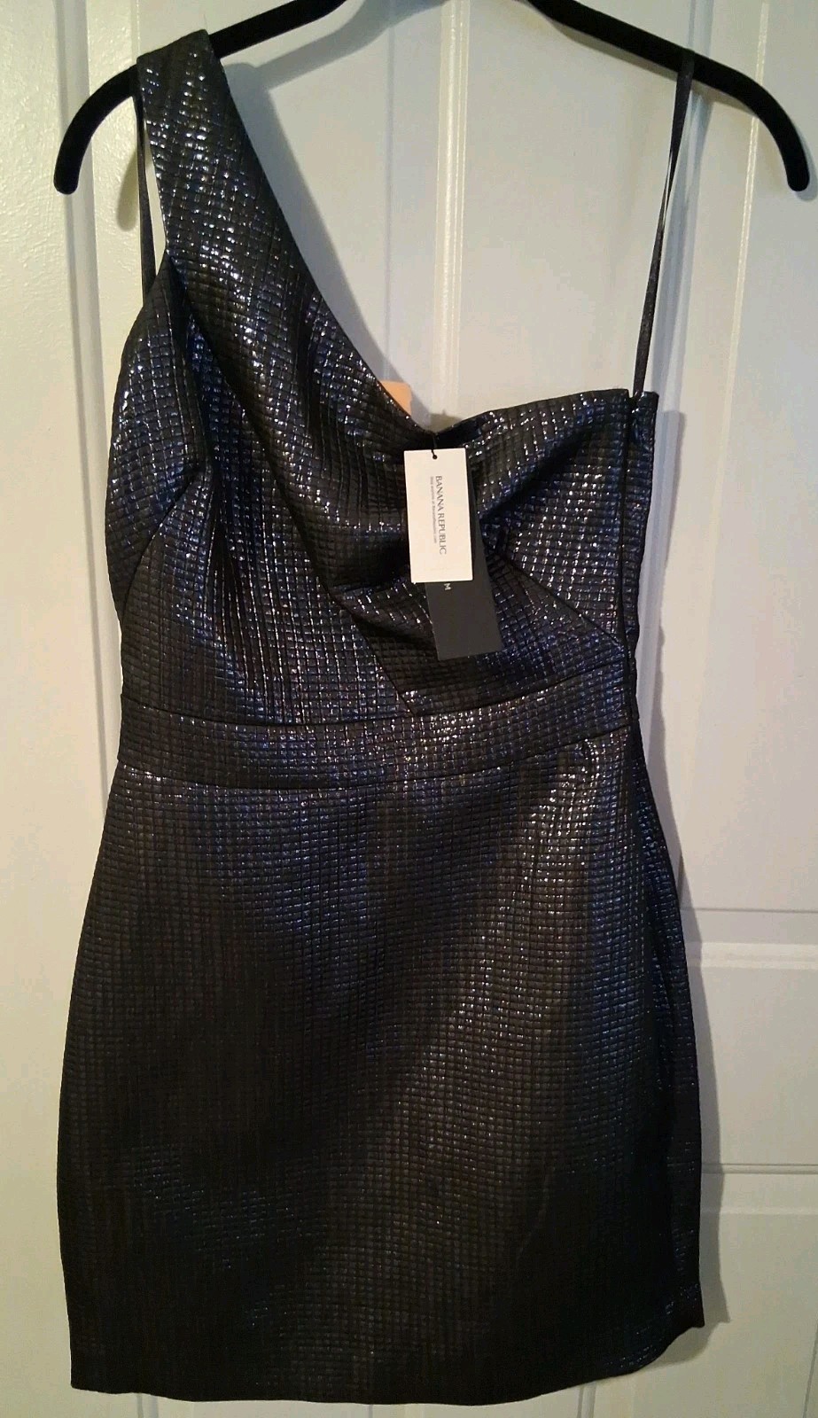 STUNNING!!! BANANA REPUBLIC MONOGRAM Charcoal Metallic One Shoulder Mini Dress 2