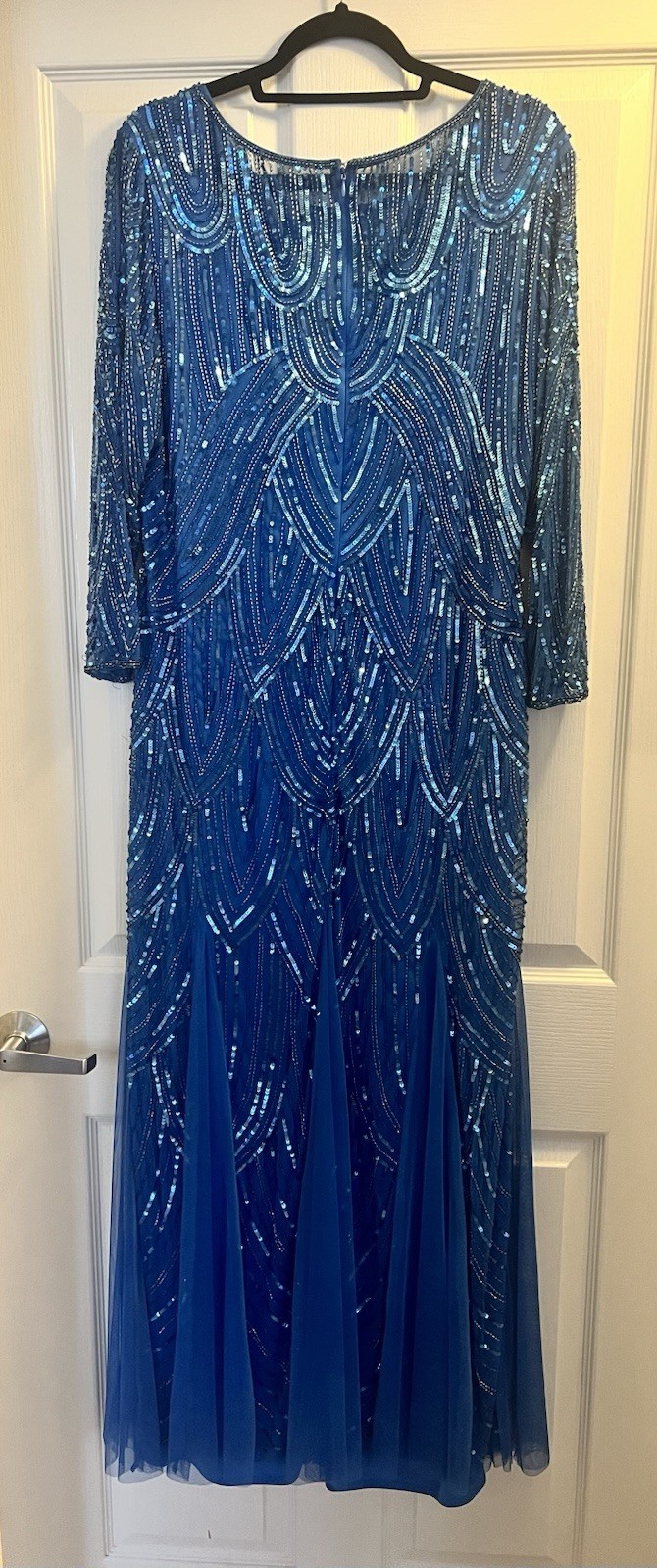 Pisarro Nights Turquoise/Blue Beaded Sequin Dress Gown Size 16 Elegant