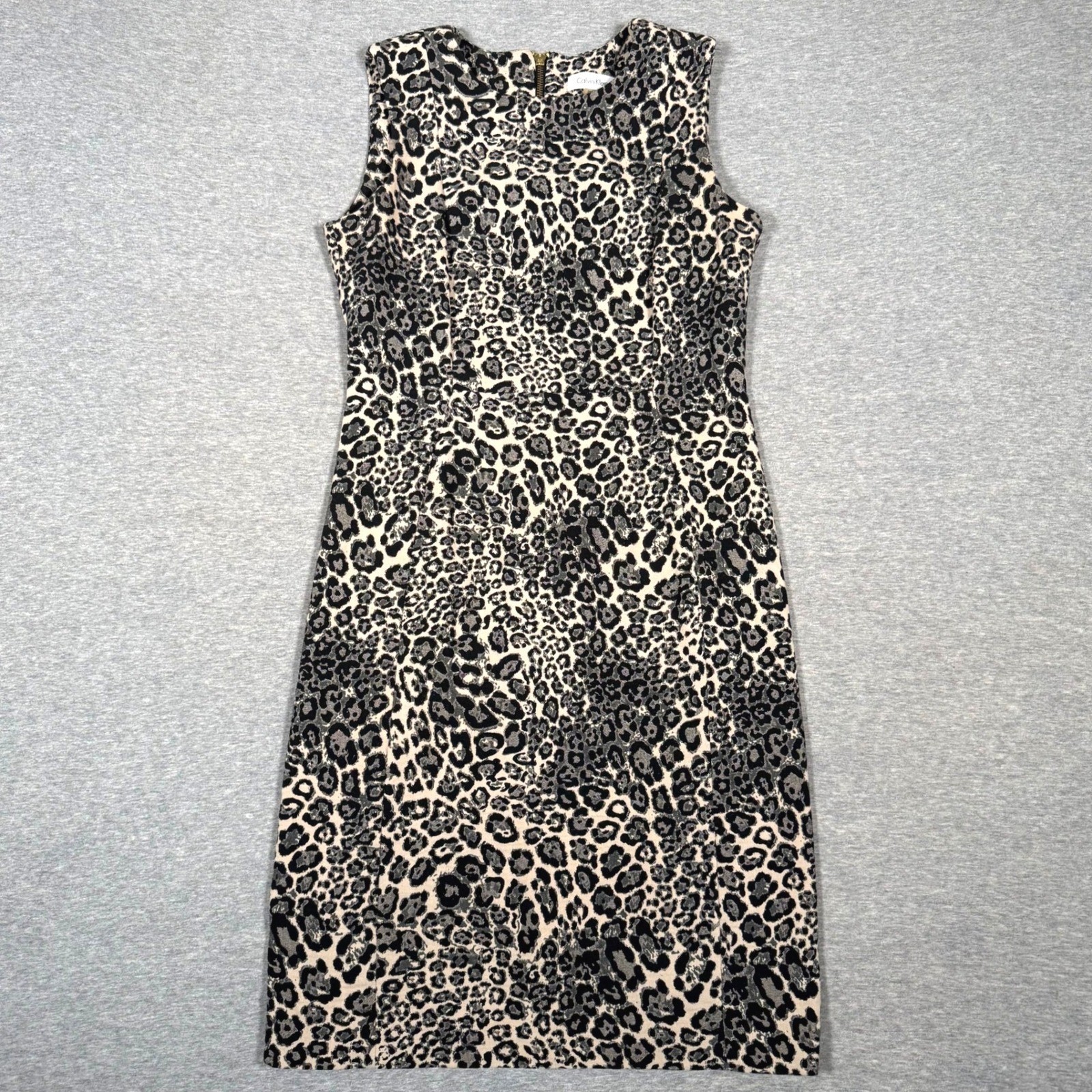 Calvin Klein Womens Leopard Print Sleeveless Sheath Dress Tan Black Size 6