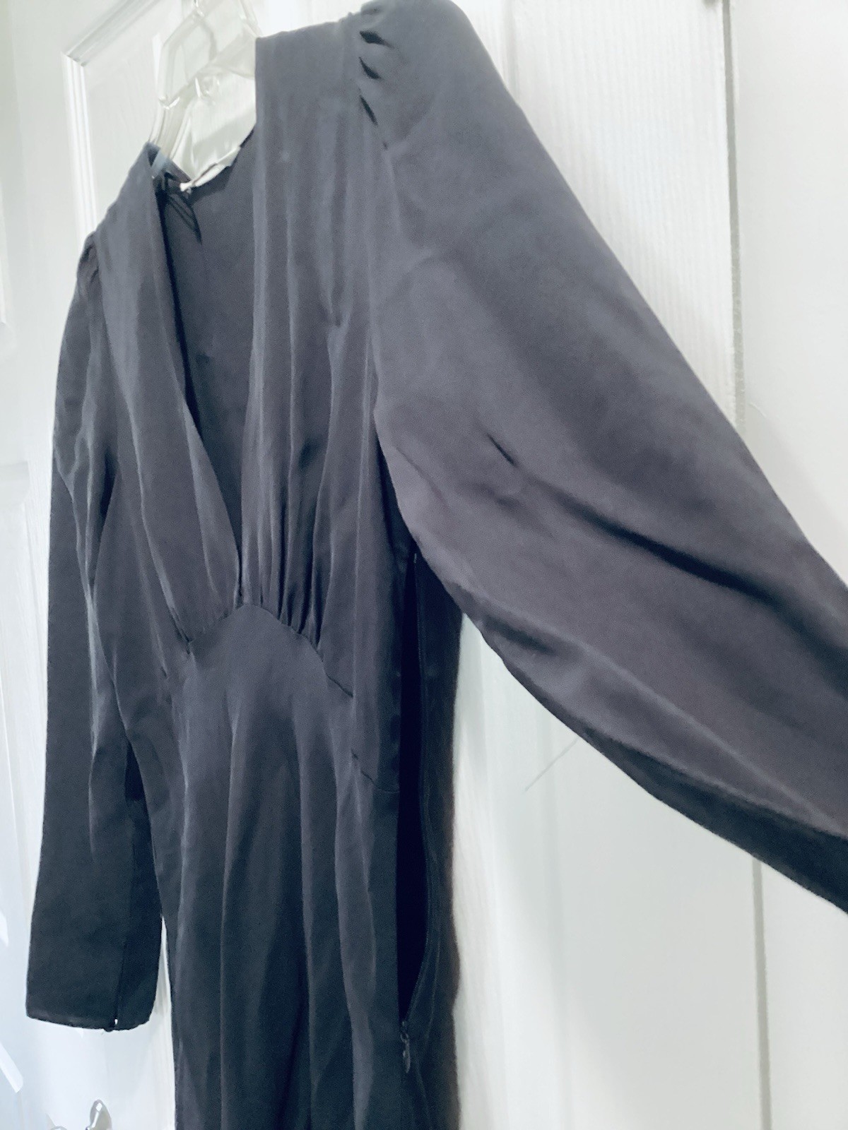 Zara Black Solid V-Neck Puff Long Sleeve Knee Length Zip Dress Women M