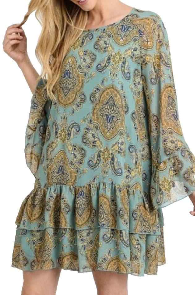 Doe & Rae Small Green Paisley Floral Dress Sheath Boho Festival Cottage *Read*