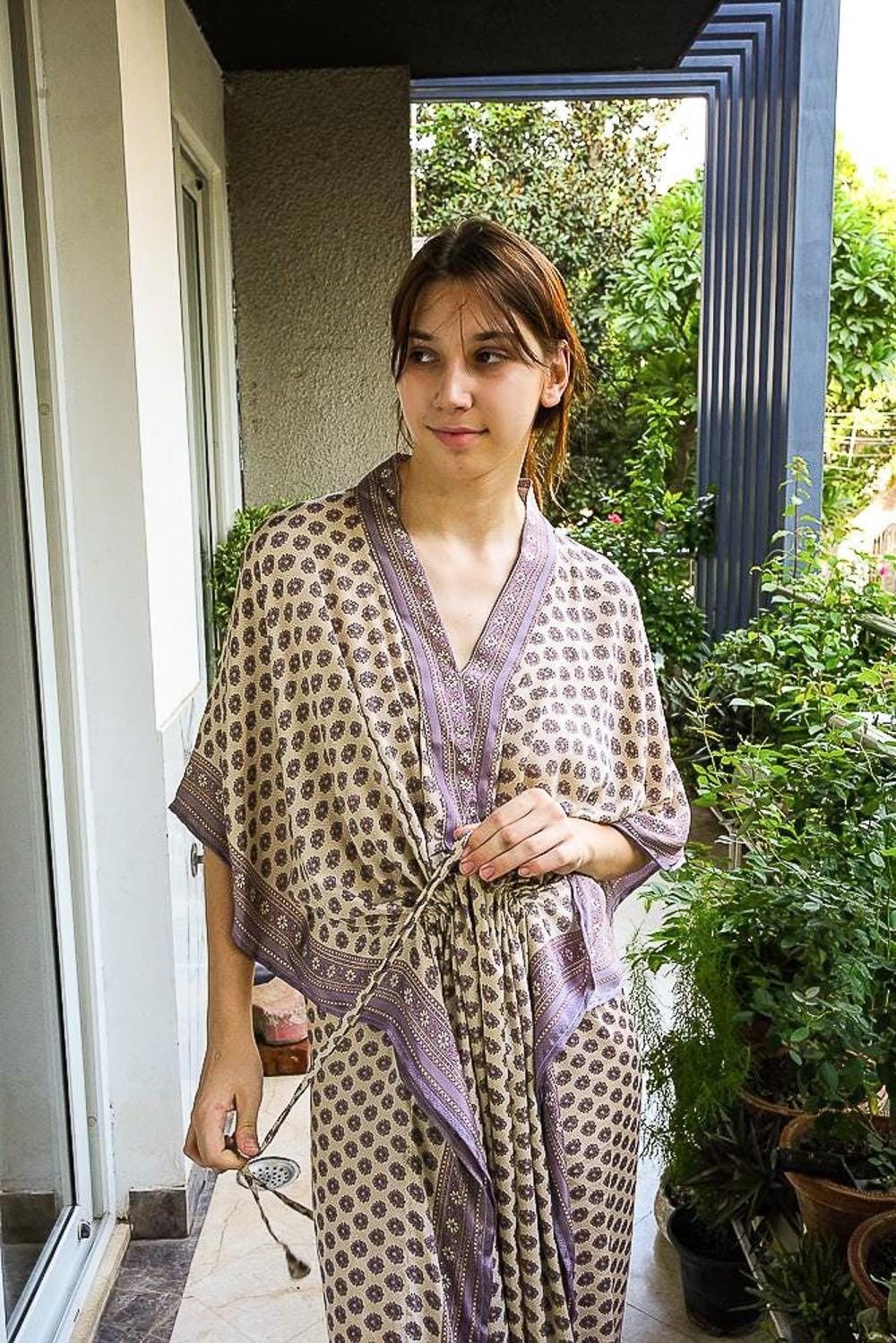 Silk Beige Kaftan / Handmade Flowy Maxi Dress / Resort Wear Outfit PS MFN1048