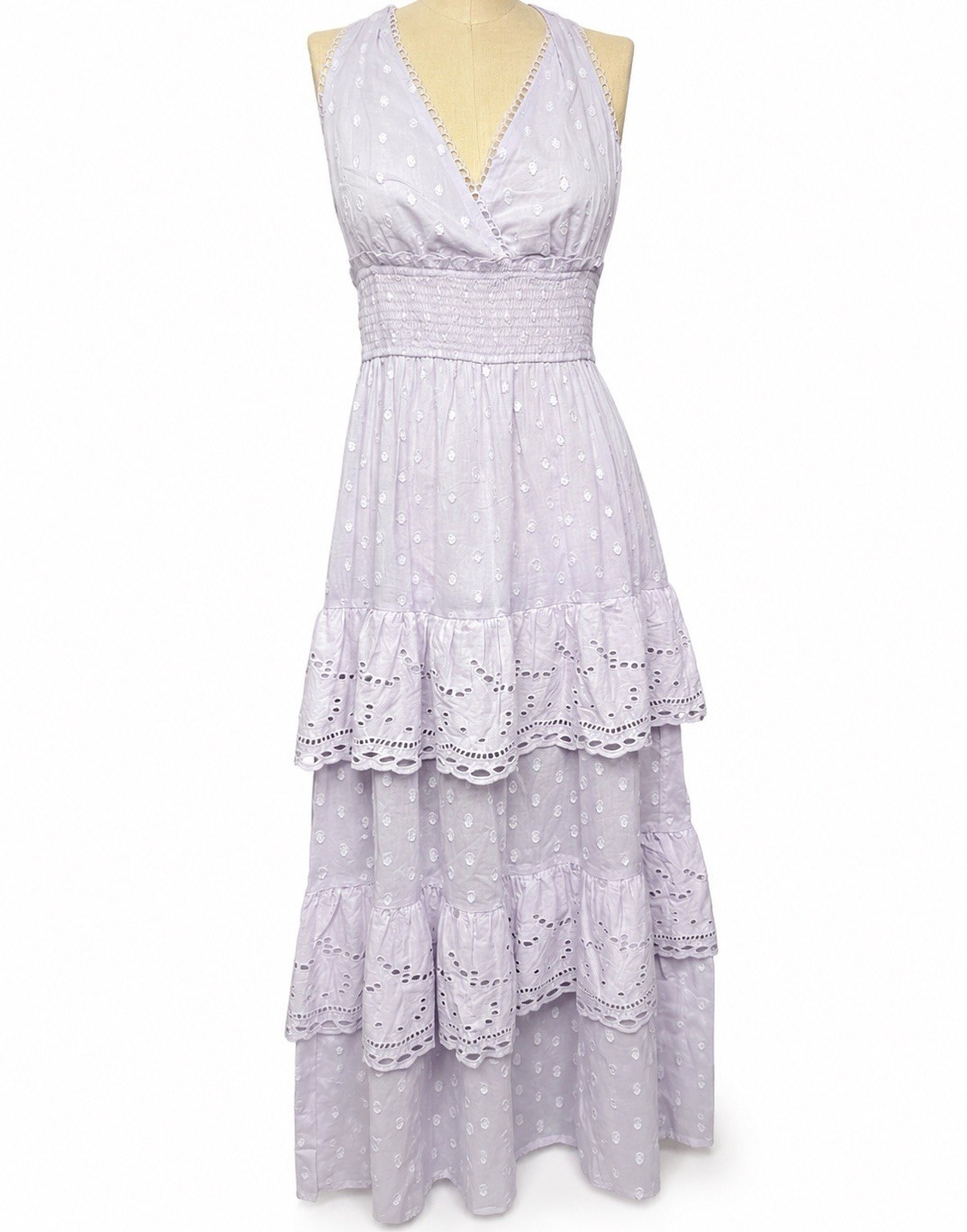And Now This Lavender Polka Dot Eyelet Tiered Smocked V-Neck Maxi Dress S