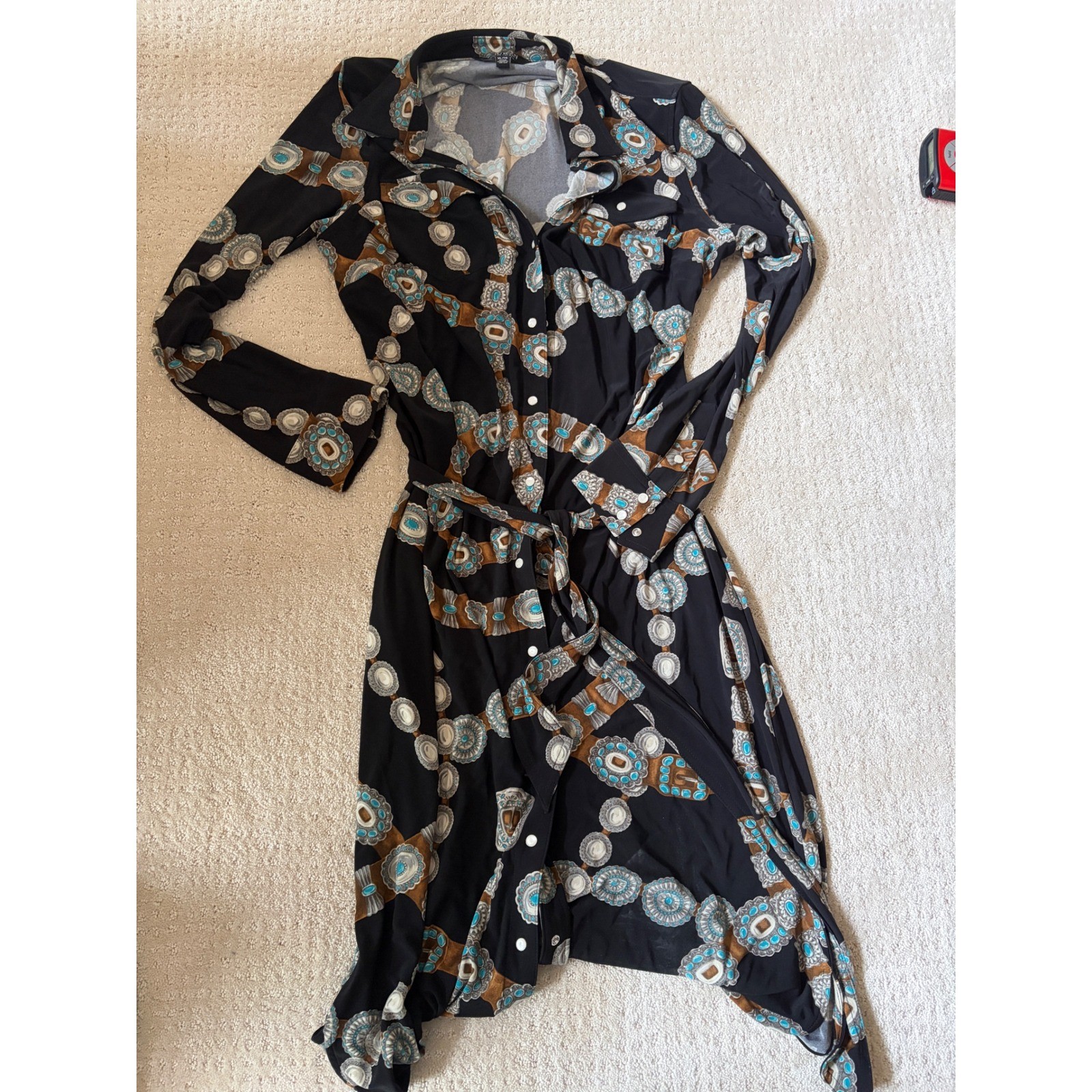 Lauren Ralph Lauren Southwestern Concho Print Snap Dress Black Turquoise XL