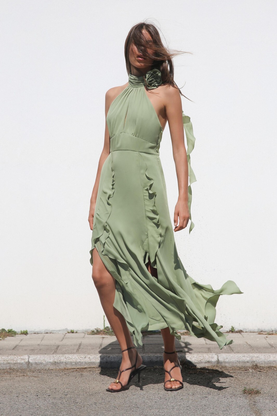 ZARA WOMAN NWT RUFFLED FLOWER HALTER NECK MIDI DRESS SEA GREEN | 8978/327 FW24