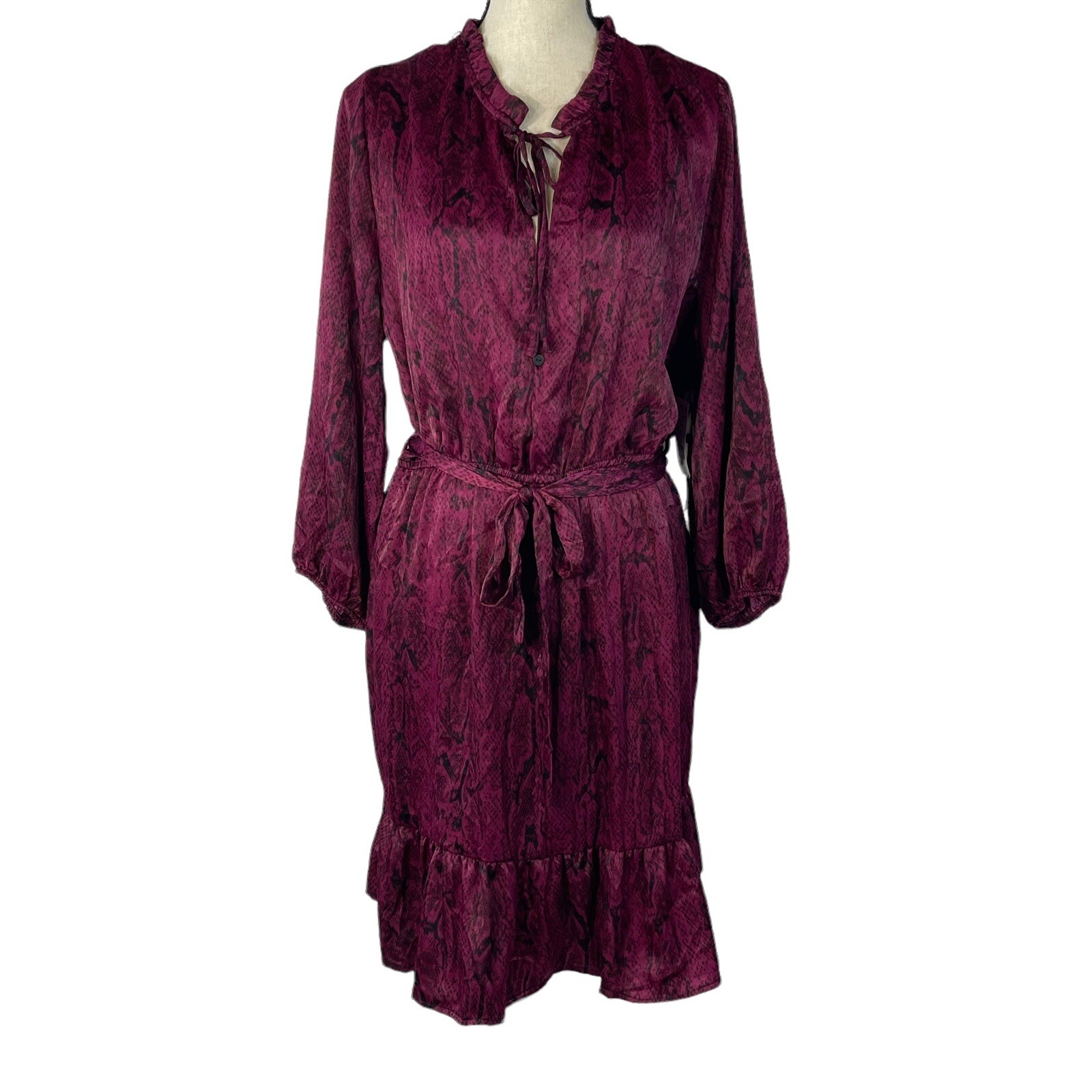 Black Tape SZ X A-Line Dress Snake Print 3/4 Sleeve Ruffled Keyhole Neck Belted