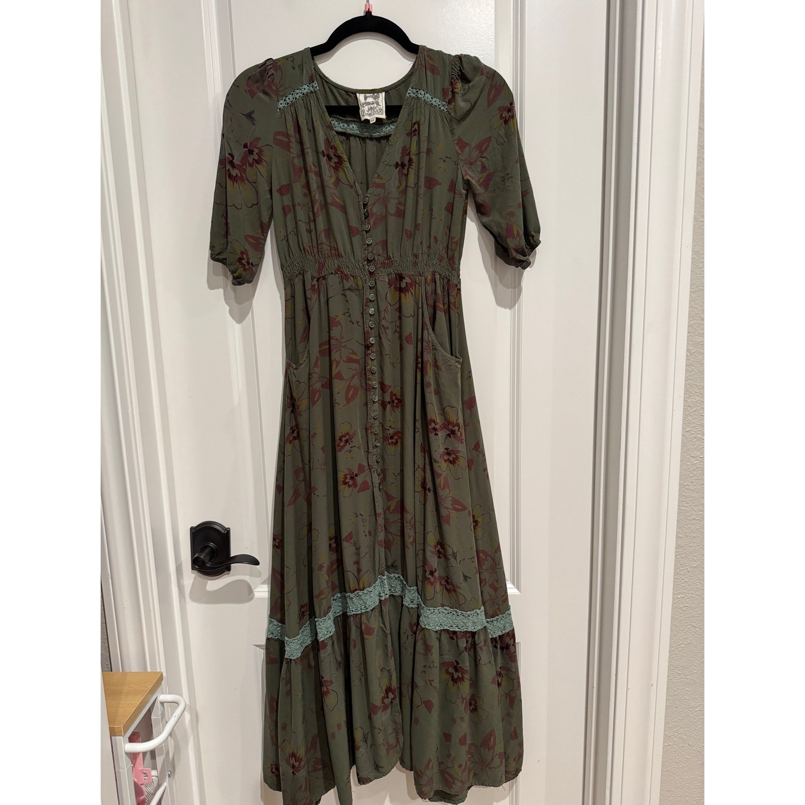 MSRP: $130 ✨ Jaase Olive Floral Button-Front Maxi Dress Size XS | Gothic Fairy ✨