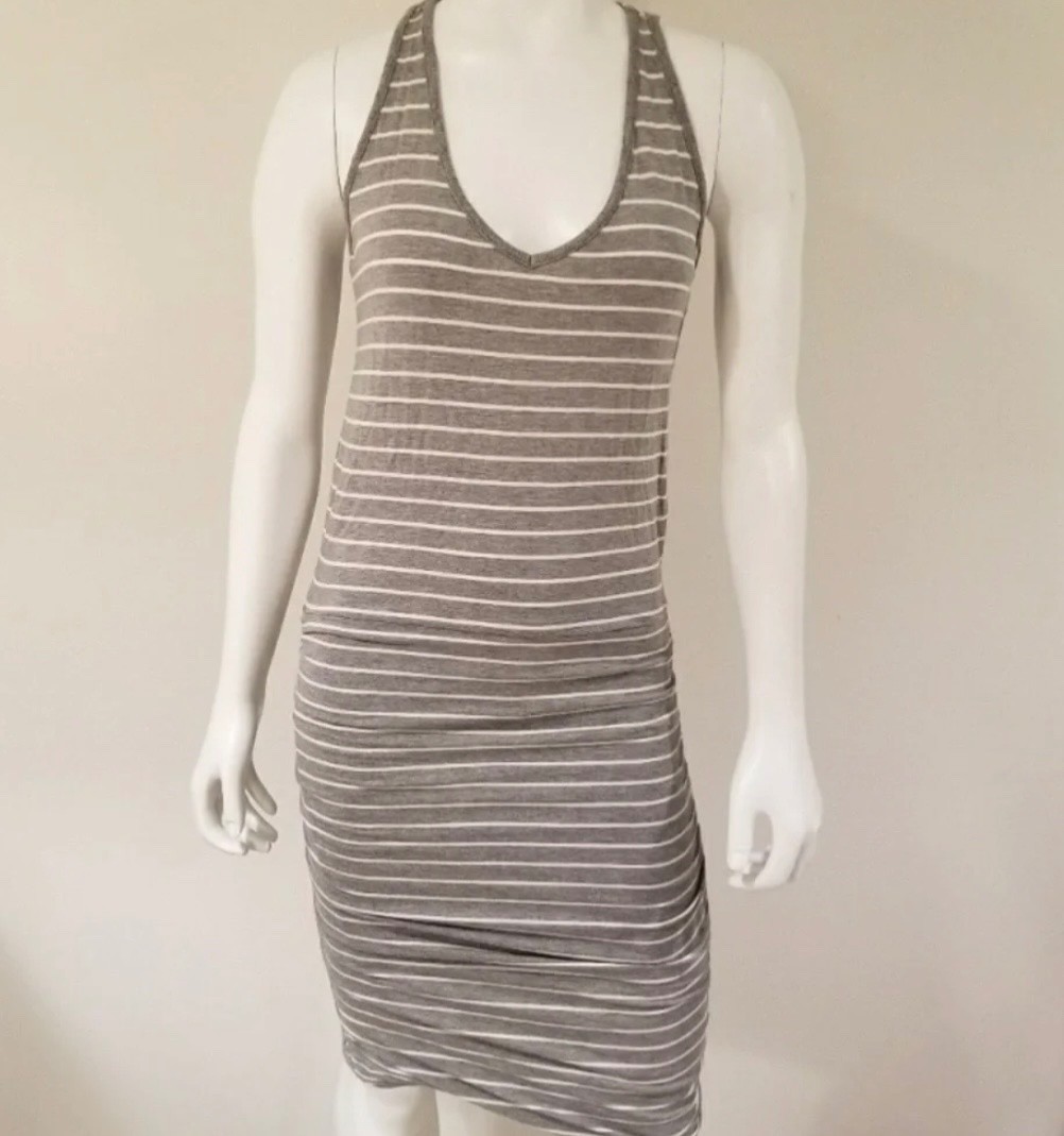 ATHLETA Dress Womens S Gray White Striped Ember Midi Racerback Sleeveless Ruched