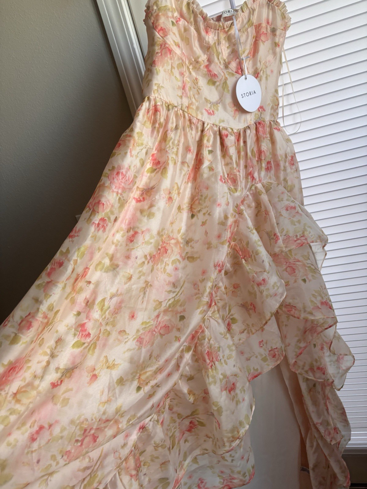 STORIA NWT Pink Green Floral Chiffon Maxi Dress Ruffle Adjustable Straps S