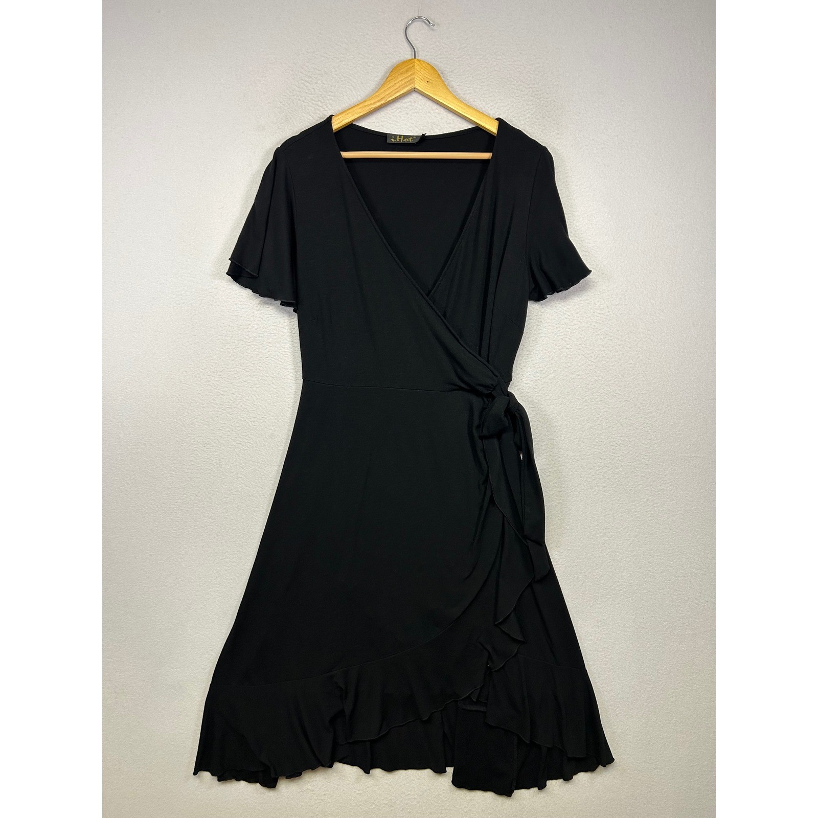 Classic Minimalist iHot Women Large Black Ruffle Hem Flutter Sleeve Wrap Dress