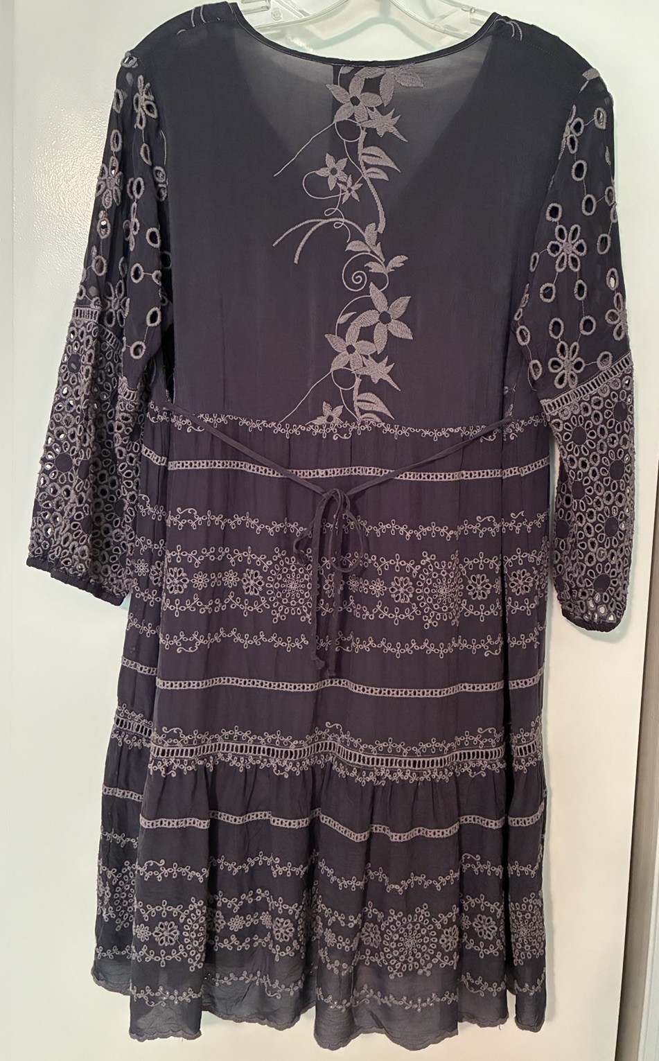 Johnny Was Embroidered Gray Eyelet Mini Dress XS