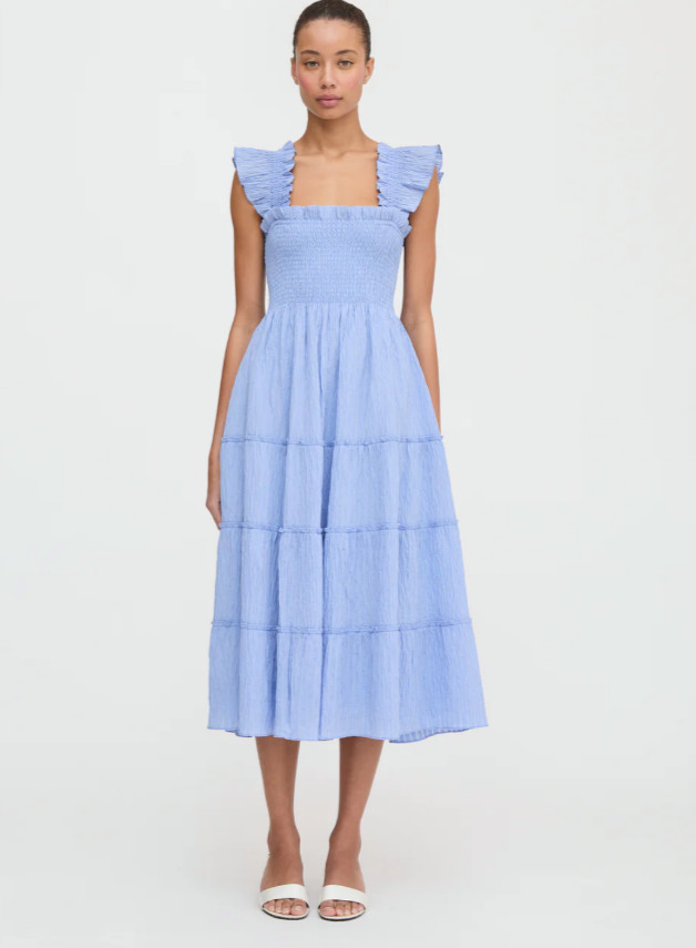 Hill House cotton midi tiered, ruffles blue shirred Dress Sz XS sweep