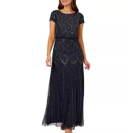 Adrianna Papell Beaded Shorth Sleeve Gown Art Deco Evening Size 16W Navy Blue