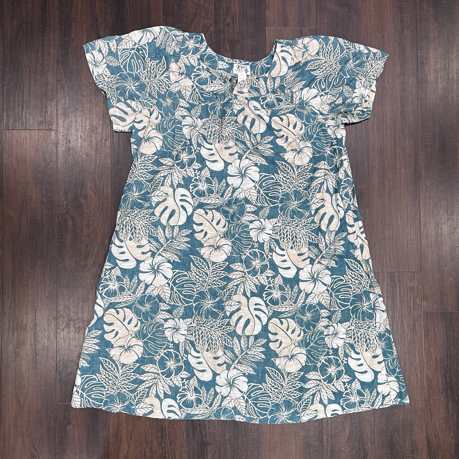 Vintage KY’s Hawaiian 3XL Mumu Midi Dress Tiki Tropical Hibiscus Monstera