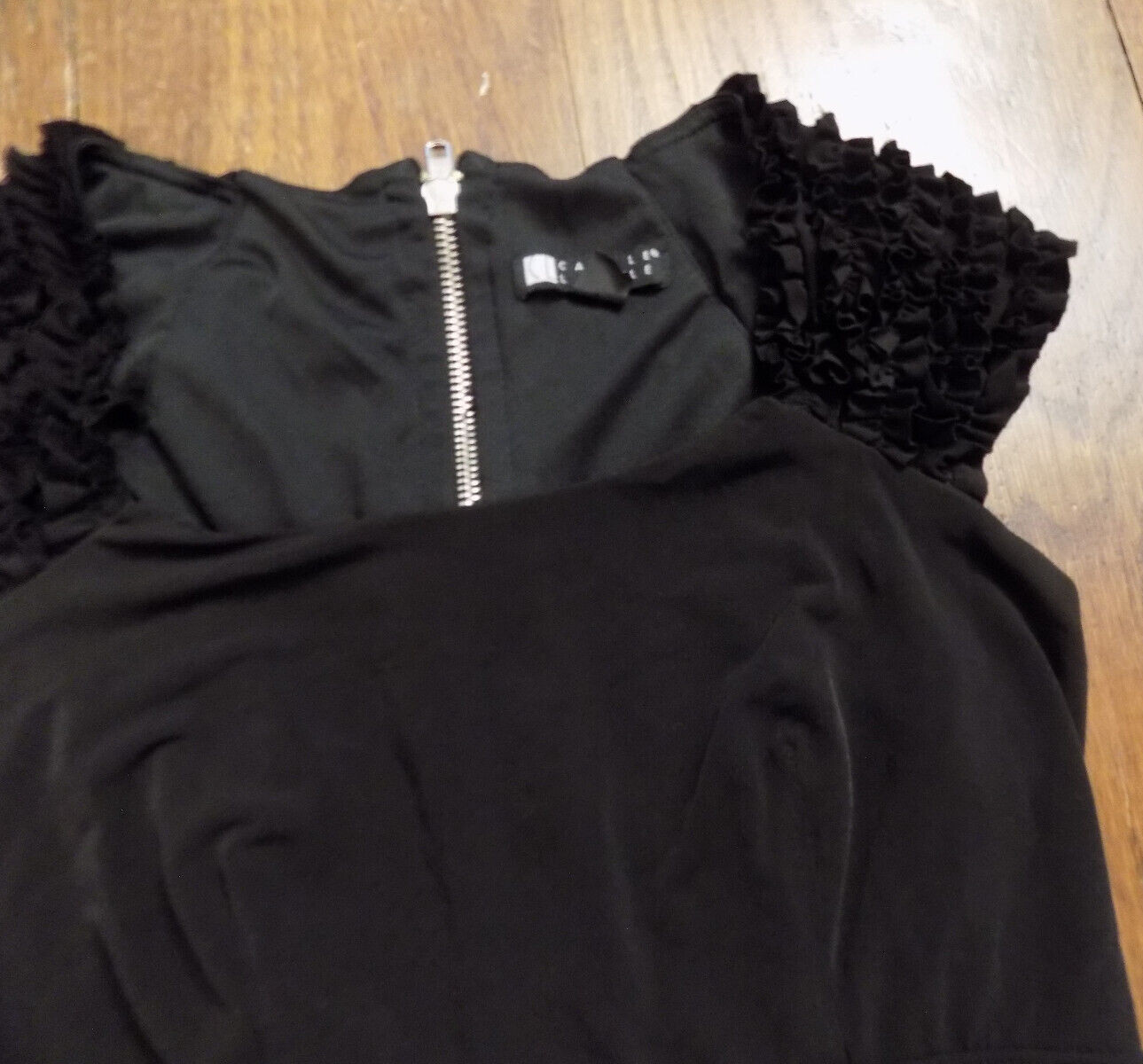 Carole Little Dress Black Ruffle Cap Sleeves Empire Waist Soft stretch fabric 4