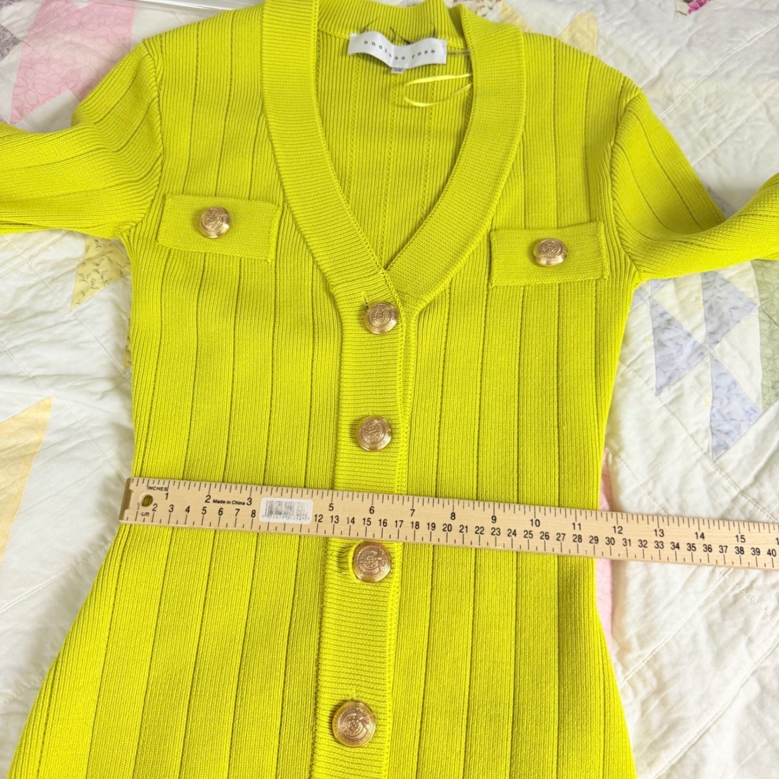 Endless Rose Lime Yellow Ribbed Knit Button Down Mini Dress Gold Crest Button XS
