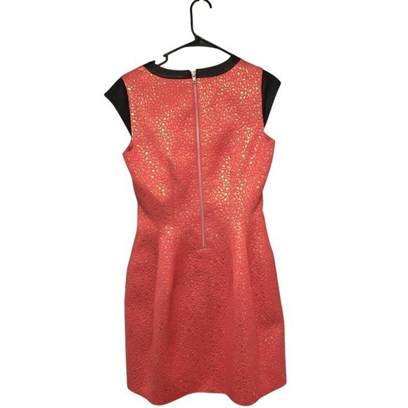 Melon Gold Metallic Leather Trim Jacquard Dress Concert Cocktail Contemporary