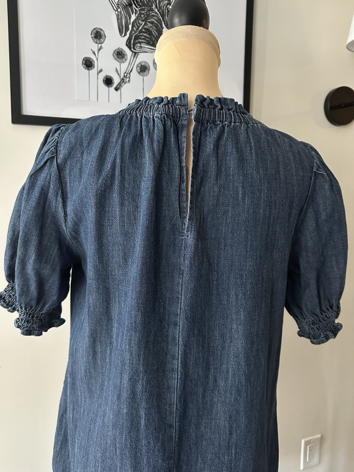 Free Assembly Blue Solid Denim Shift Dress Round Neck Puff Sleeve Pockets XS