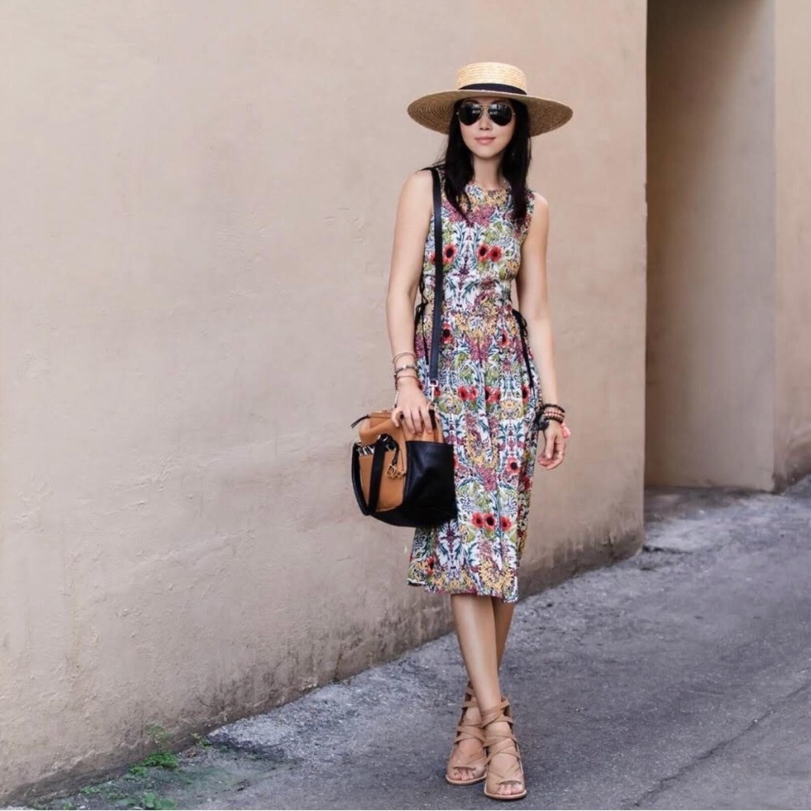 TOPSHOP Garden Floral Print Boho Peekaboo Sides Black Lace-Up Sleeveless Dress