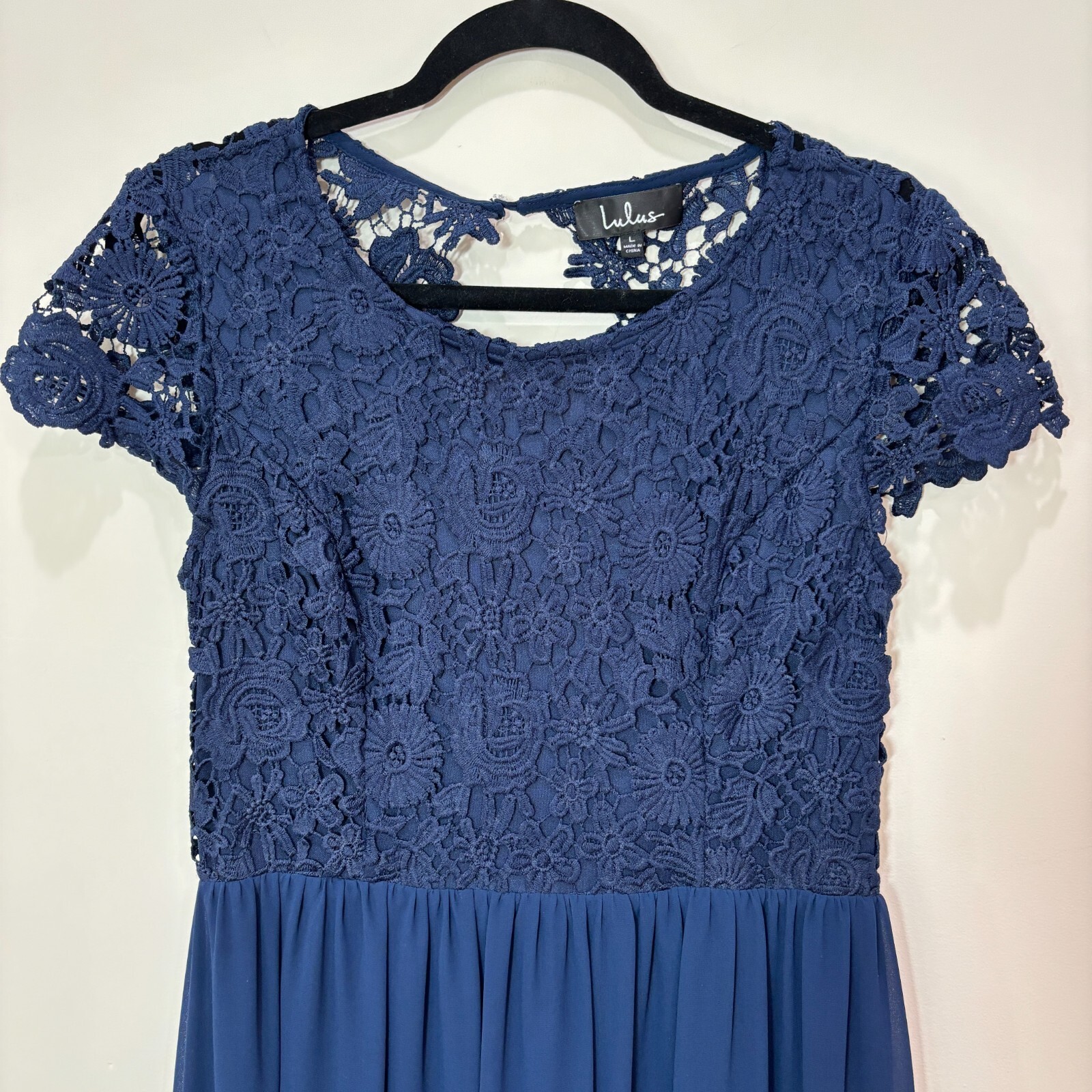 Lulus Crochet Lace Maxi Dress L Open Back Navy Blue Cocktails Bridesmaid Wedding