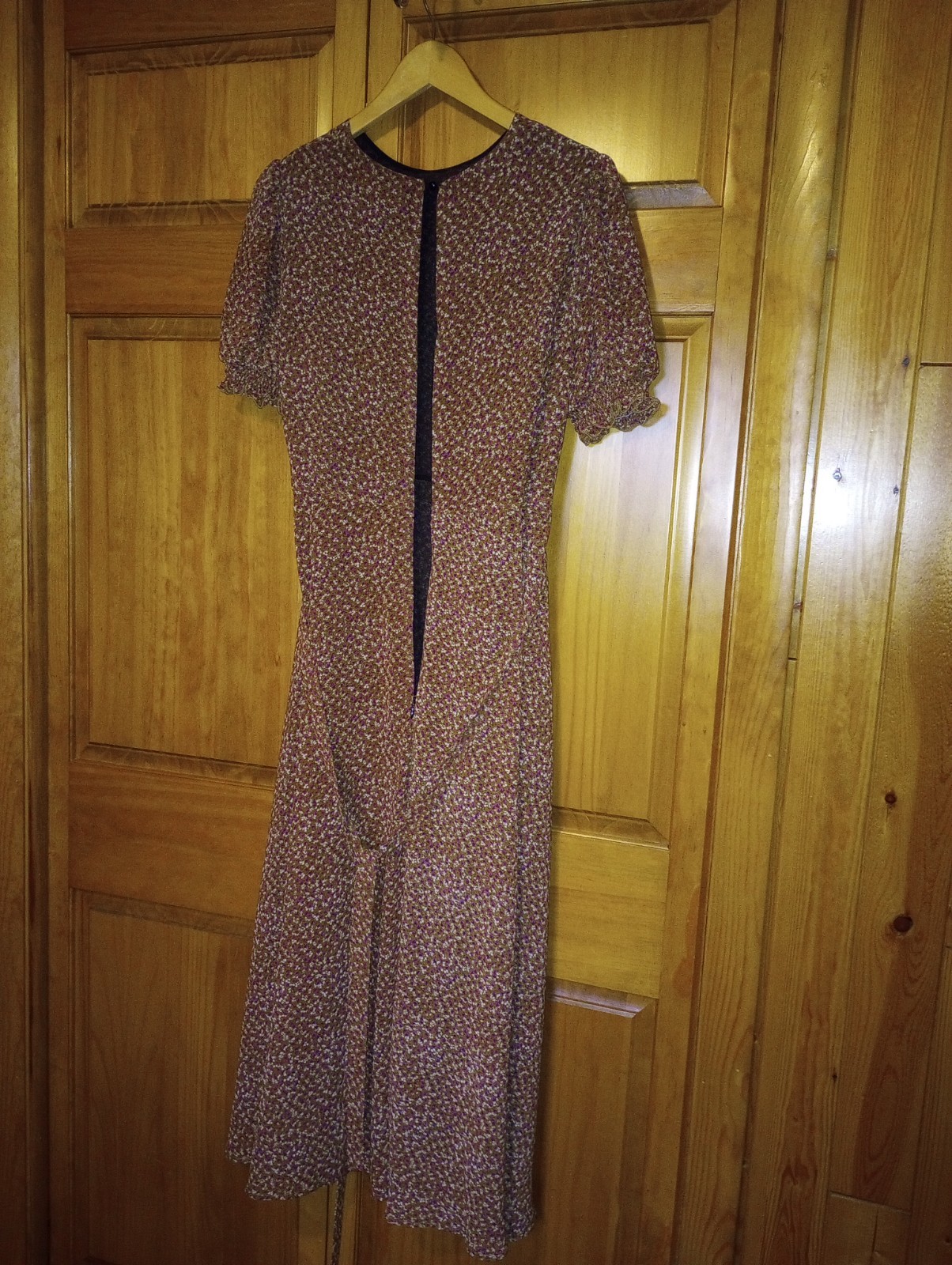 Calico Prairie Dress Brown Sz Large Boho Midi puff sleeve lined belt zip keyhole