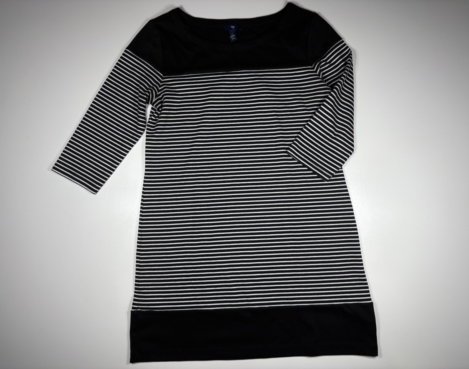 Gap Dress Women Large Black White Striped Boat Neck 3/4 Sleeve Casual