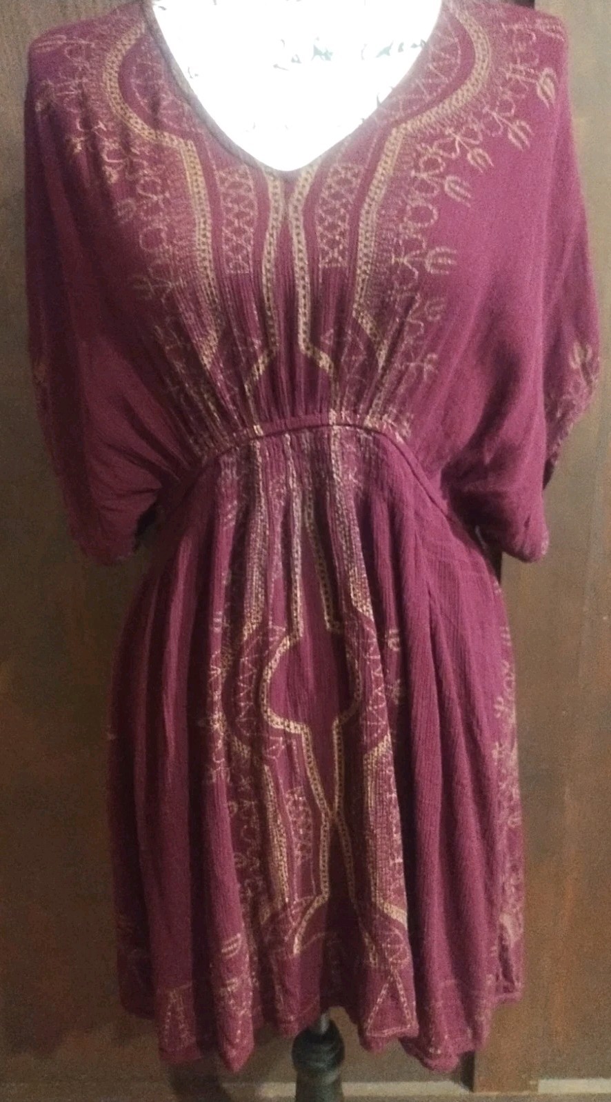 Earthbound Gauze Boho Dress Size Large Empire Waist Burgundy Granola Tribal