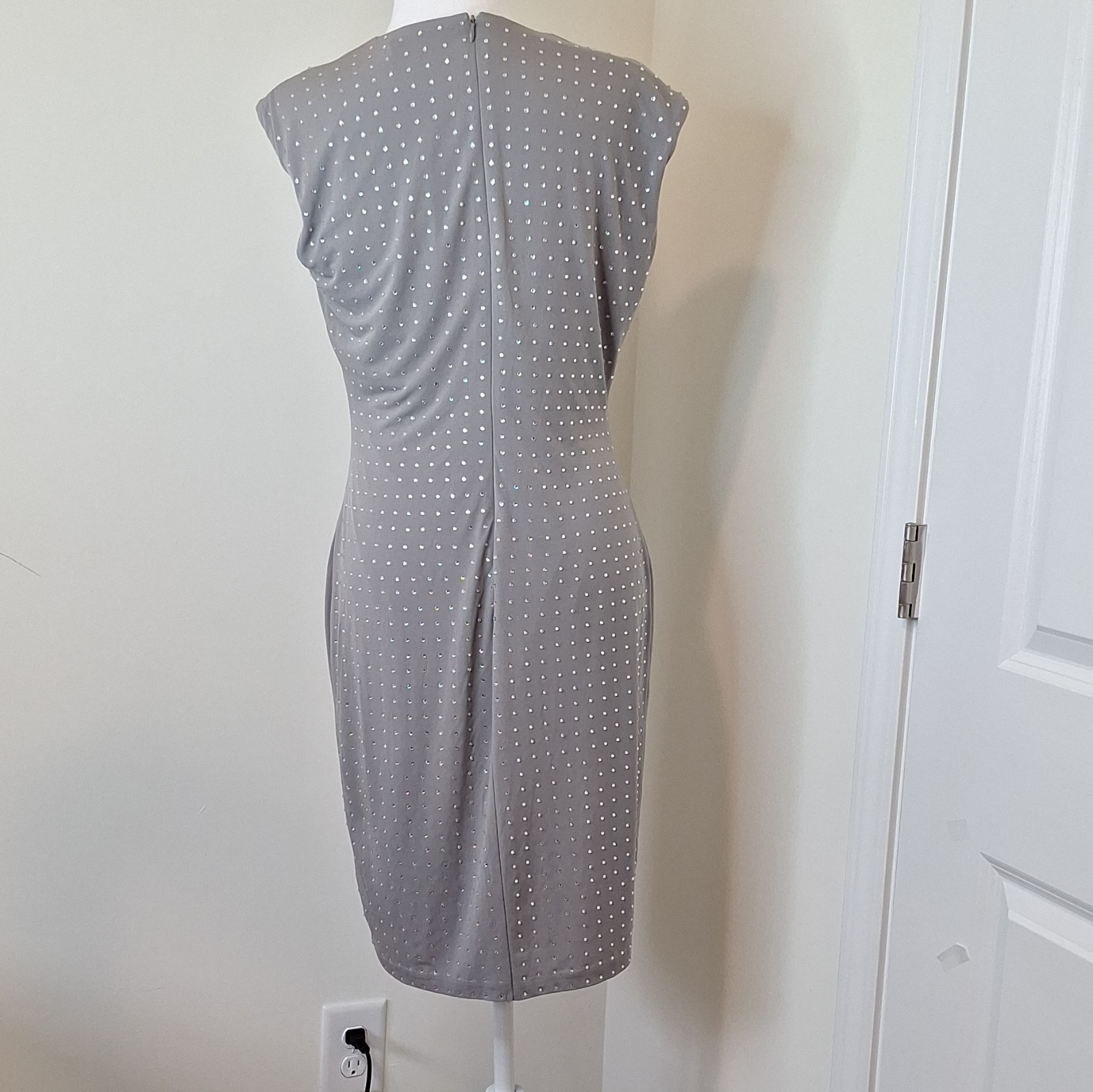 Calvin Klein Gray Solid Sheath Dress Round Neck Sleeveless Rhinestone 6