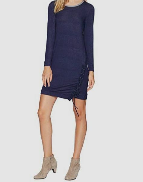$59 Tribal Women’s Blue Long Sleeve Crew-Neck Lace Up Hem Sheath Dress Size L