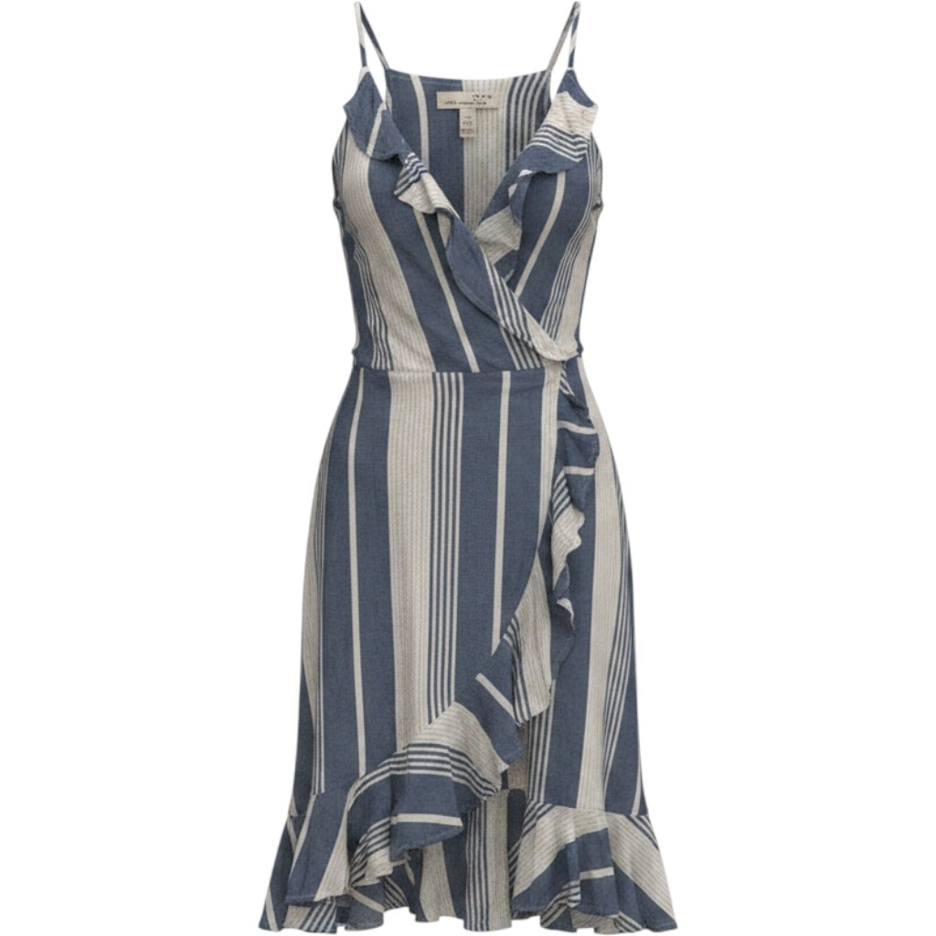 Vintage Havana Striped Faux Wrap Dress Ruffle Strappy Blue White L Resort Flowy