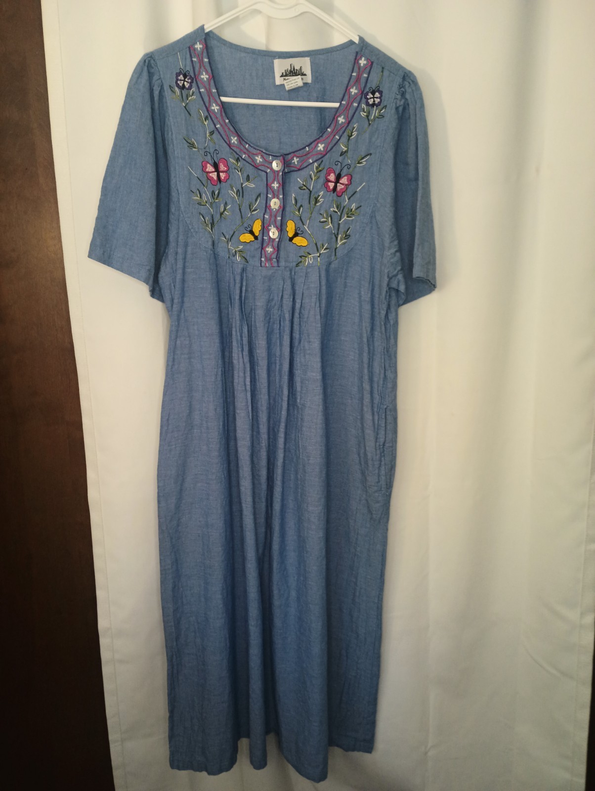 Metropolitan Womens Butterfly Chambray Denim Maxi Dress XL Embroidered Cottage