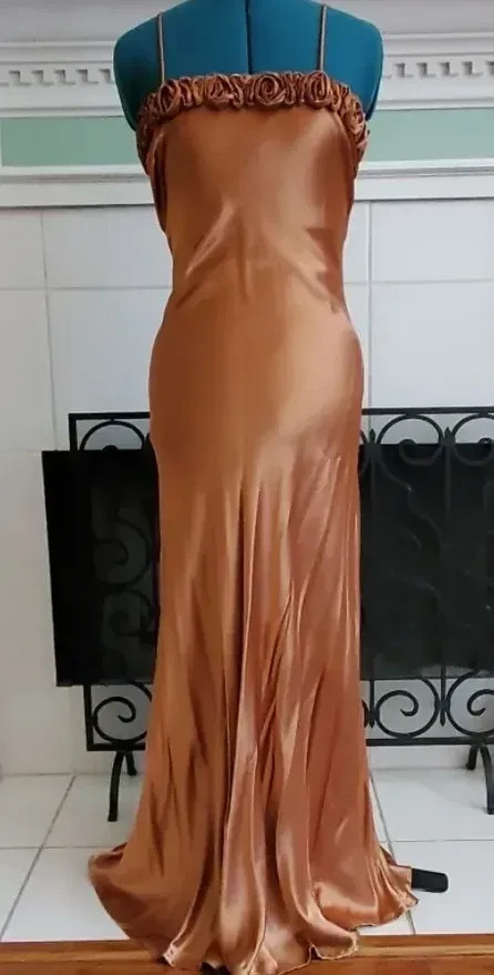 READ! Vintage 70s Copper Satin Bias-Cut Rosette Sleeveless Maxi Gown Dress