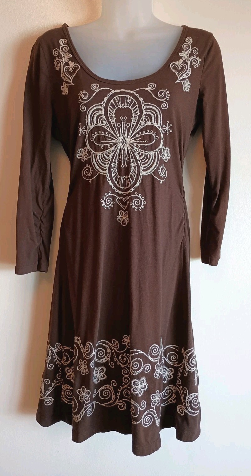 Johnny Was Earthy Brown Embroidered Dress Boho Western Whimsical Small